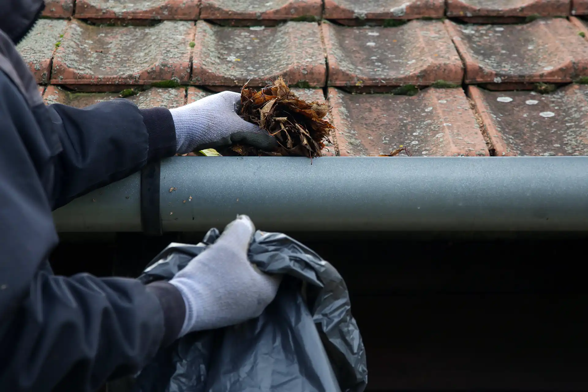 Tech clearing a home gutter